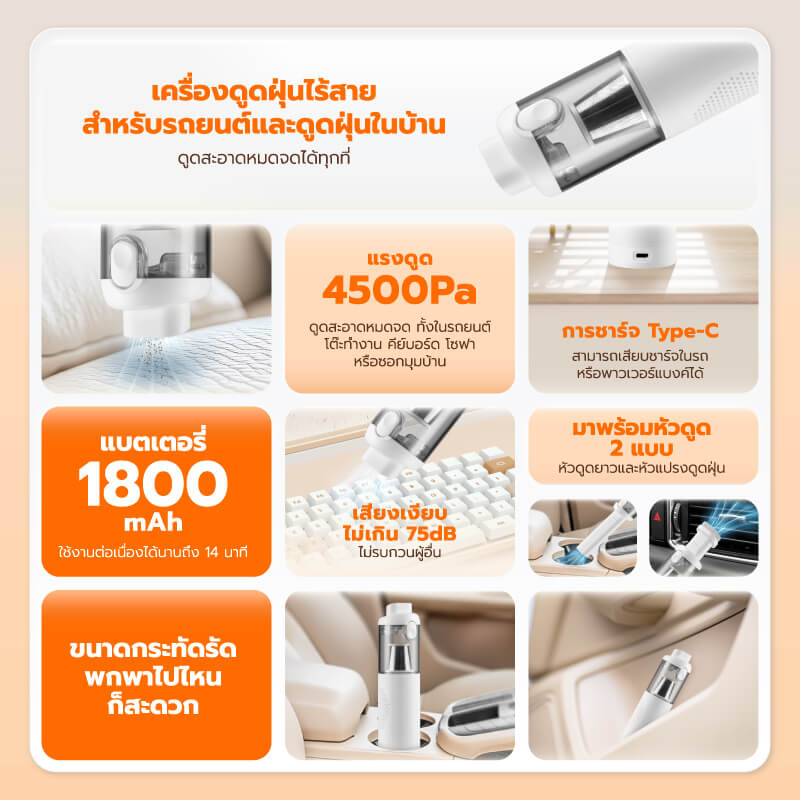 เครื่องดูดฝุ่นพกพาไร้สาย  SCE PLUS รุ่น VC-M สีชมพู สำหรับดูดฝุ่นในรถ