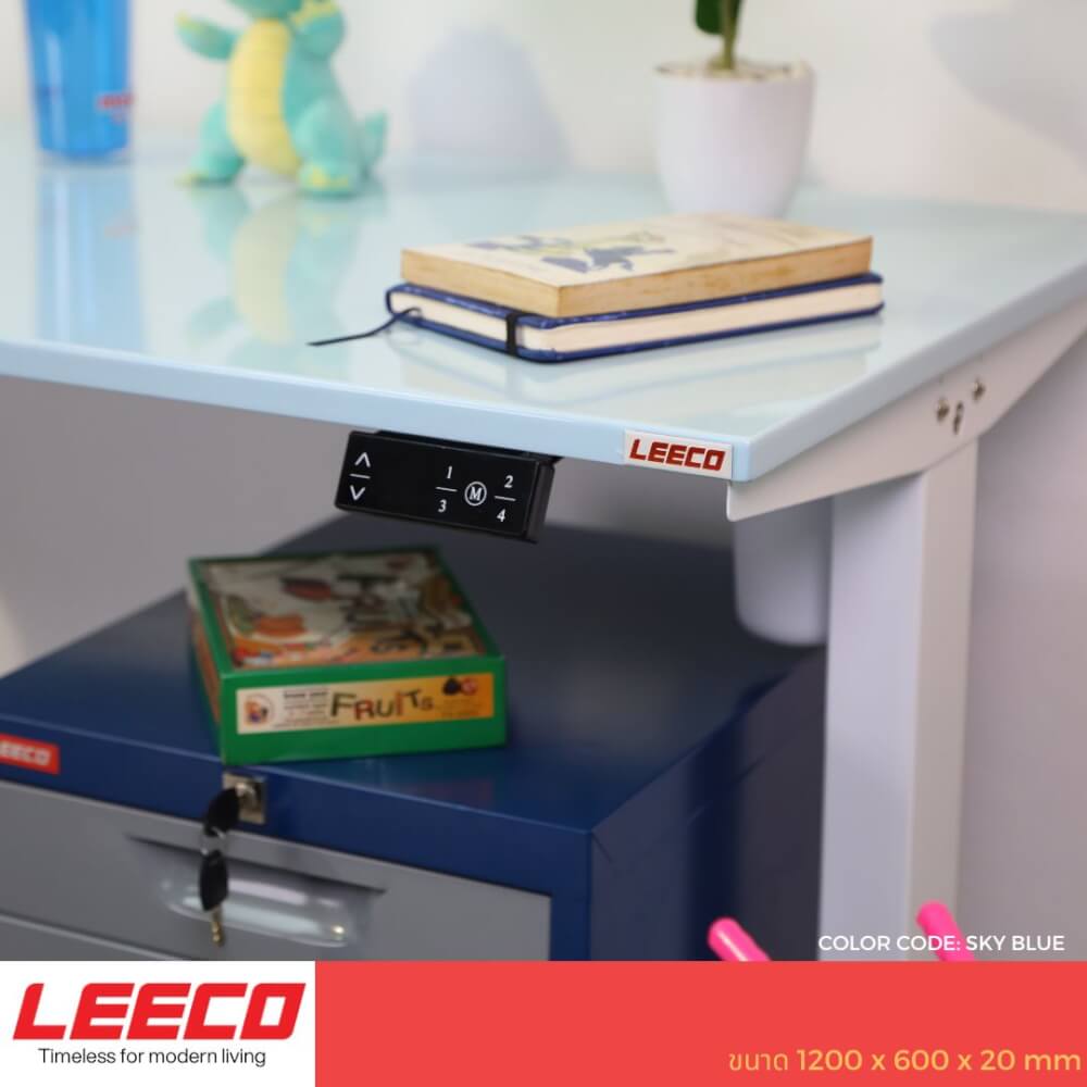 โต๊ะปรับระดับไฟฟ้า หน้าไม้ MDF เคลือบไฮกลอส มอเตอร์ 2 ระดับ LEECO GT-612-SM-BLUE ฟ้า