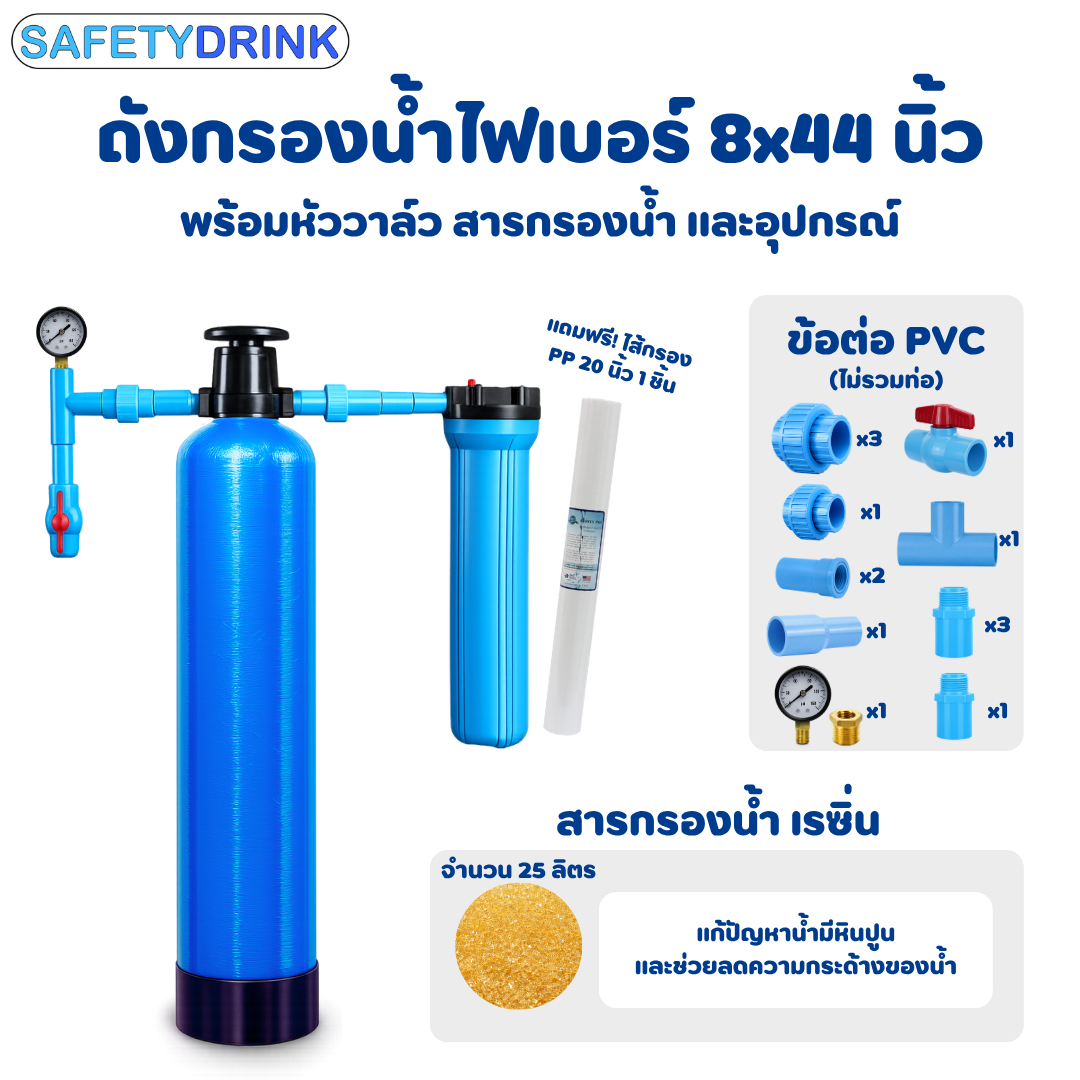 ชุดถังกรองน้ำไฟเบอร์ 8X44 นิ้ว พร้อมหัวควบคุม MANUAL VALVE พร้อมกระบอกกรองน้ำ อุปกรณ์ และสารกรอง_1
