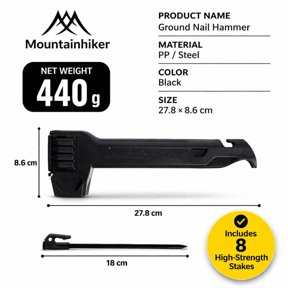 ค้อนและ สมอบกเต็นท์ MOUNTAINHIKER 2IN1 สีดำ