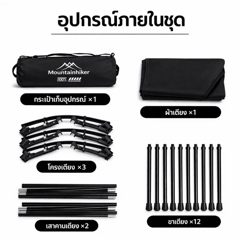 เตียงสนามพับได้ MOUNTAINHIKER 90 &times; 65 &times; 38 ซม. สีดำ