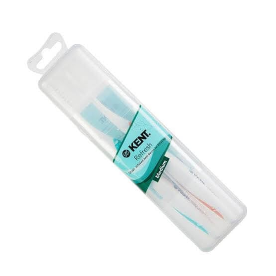 แปรงสีฟันพรีเมียม KENT 2 ด้ามในกล่องพกพา (ขนกลาง) สีฟ้าและชมพู