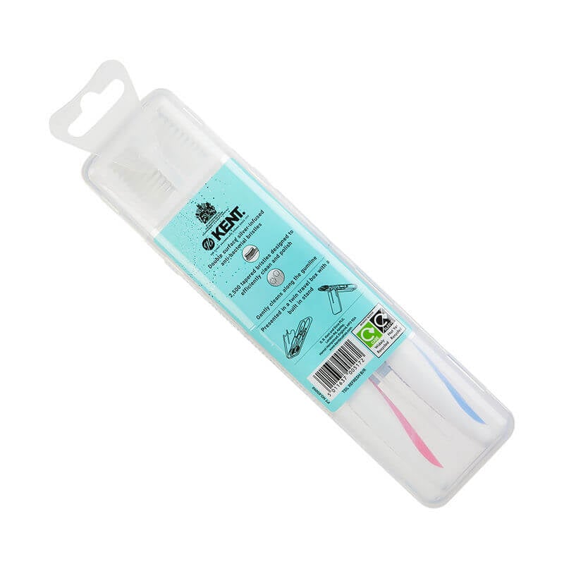 แปรงสีฟันพรีเมียม KENT 2 ด้ามในกล่องพกพา (ขนกลาง) สีฟ้าและชมพู