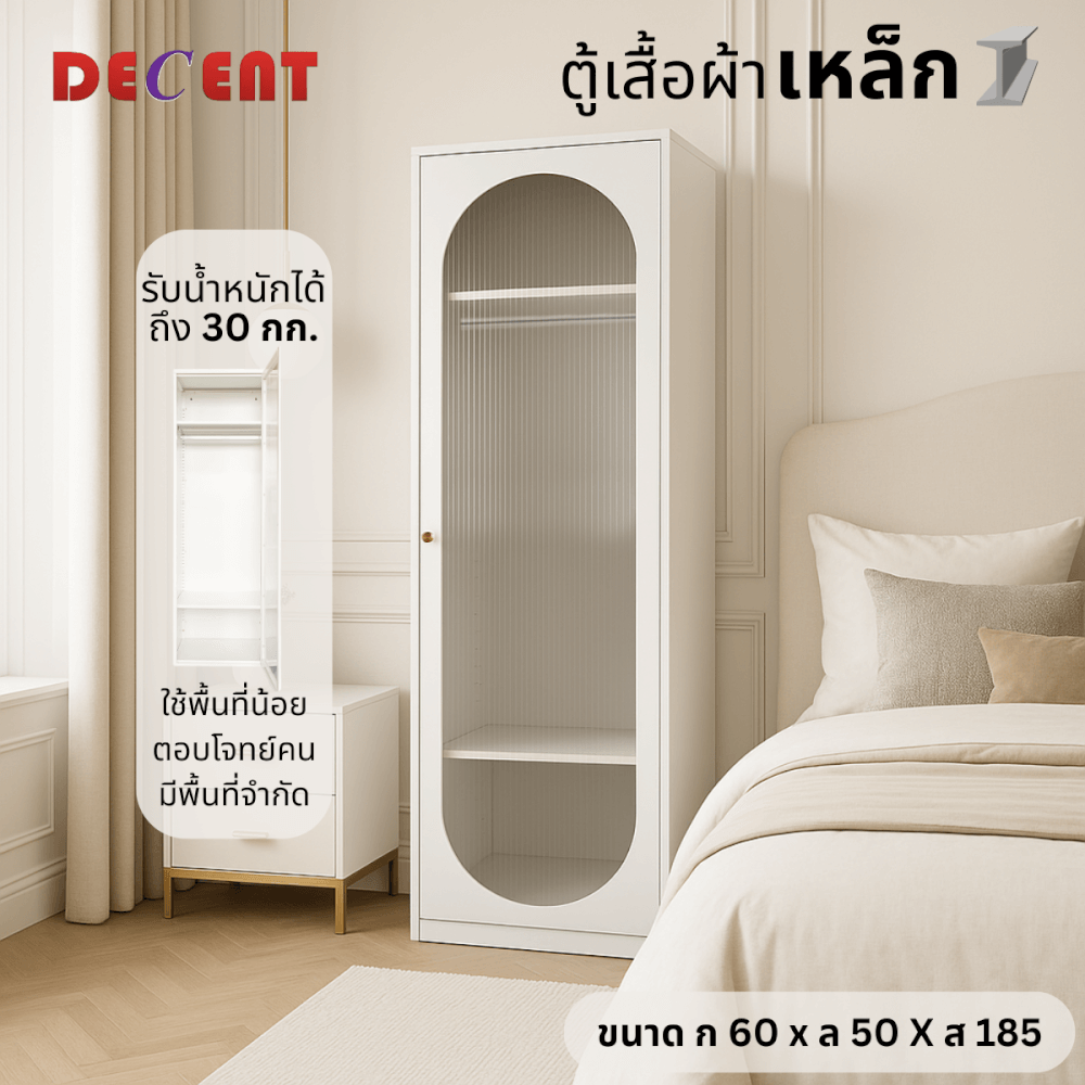 ตู้เสื้อผ้าเหล็ก บานเปิด 1 ประตู DECENT รุ่นมินิ สีขาว 60ซม._1