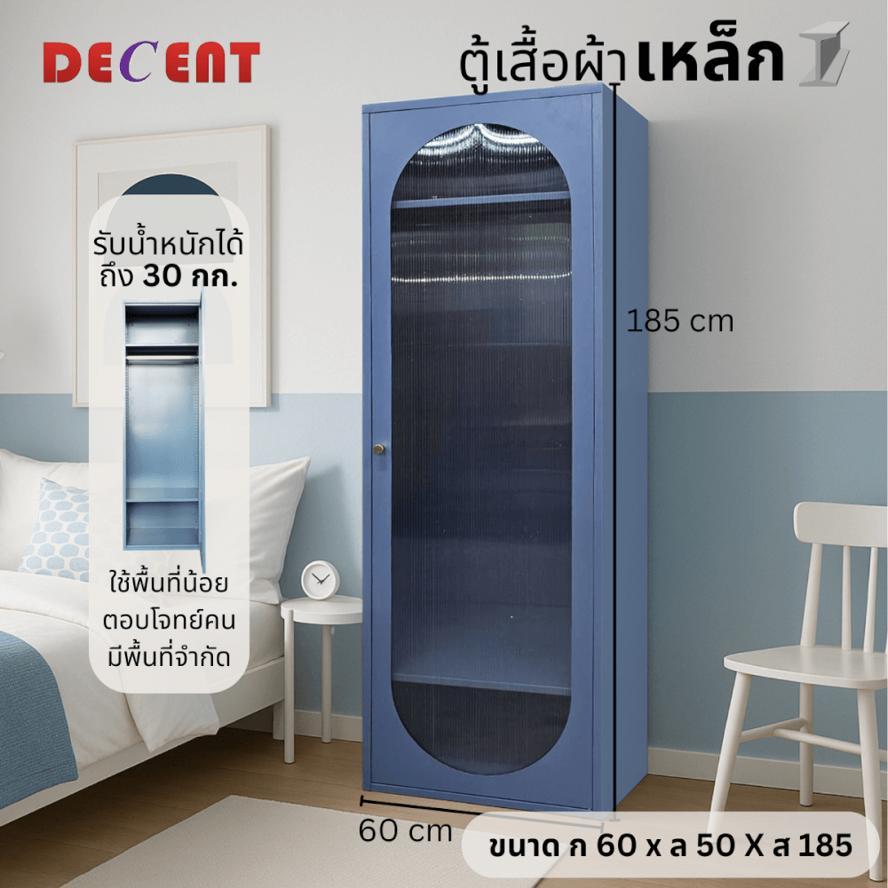 ตู้เสื้อผ้า บานเปิด 1 ประตู DECENT รุ่นมินิ สีฟ้าคราม 60ซม.