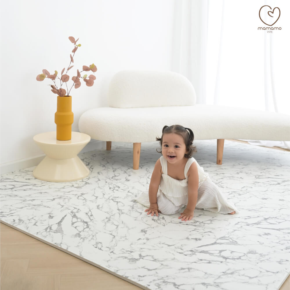 แผ่นรองคลาน จิ๊กซอว์ MAMAMO ลาย WHITE MARBLE เซต 6 แผ่น หนา 1.2 CM. เกรดพรีเมี่ยม แผ่นใหญ่ มีขอบปิด แถมฟรี ถุงซิปพกพา พร้อมส่ง