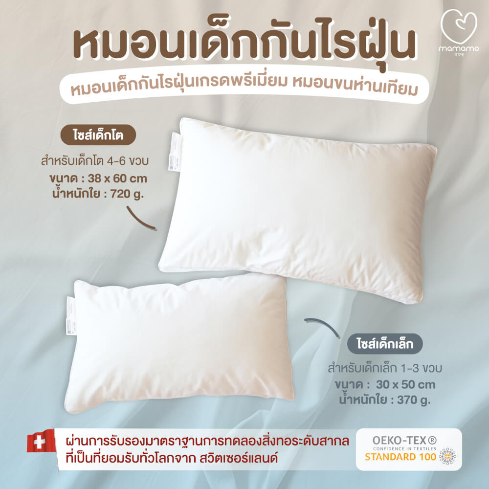 หมอนกันไรฝุ่น MAMAMO ไซส์ M สำหรับเด็ก 4-6 ขวบขึ้นไป ลดการสะสมของไรฝุ่น ไม่ก่อให้เกิดภูมิแพ้ แถมฟรี ปลอกหมอน พร้อมส่ง