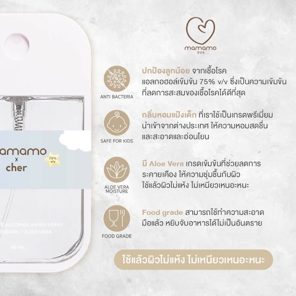แอลกอฮอล์เด็ก MAMAMO X CHER ขนาด 45 ML. แอลกอฮอล์สำหรับเด็กและทุกคนในครอบครัว อ่อนโยนต่อผิว กลิ่นหอมละมุน พร้อมส่ง