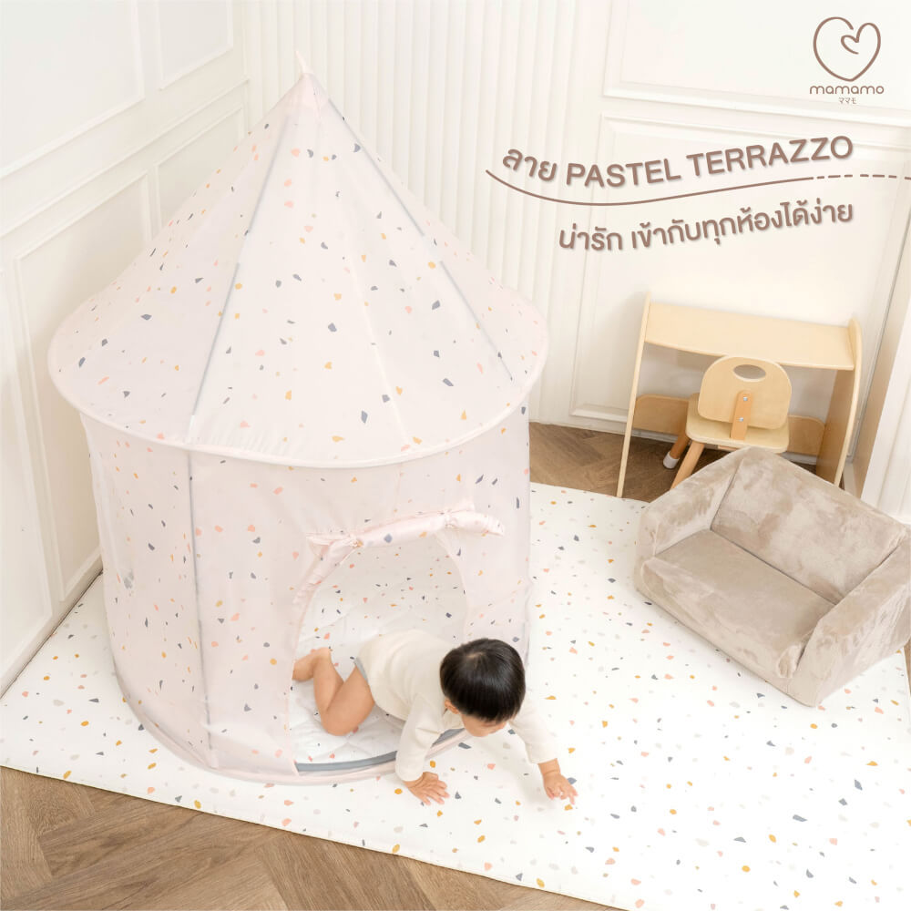 ผ้าปูรองคลาน MAMAMO ลาย PASTEL TERRAZZO รูปทรงวงกลม เนื้อผ้านุ่มนิ่ม มีปุ่มกันลื่น พร้อมส่ง