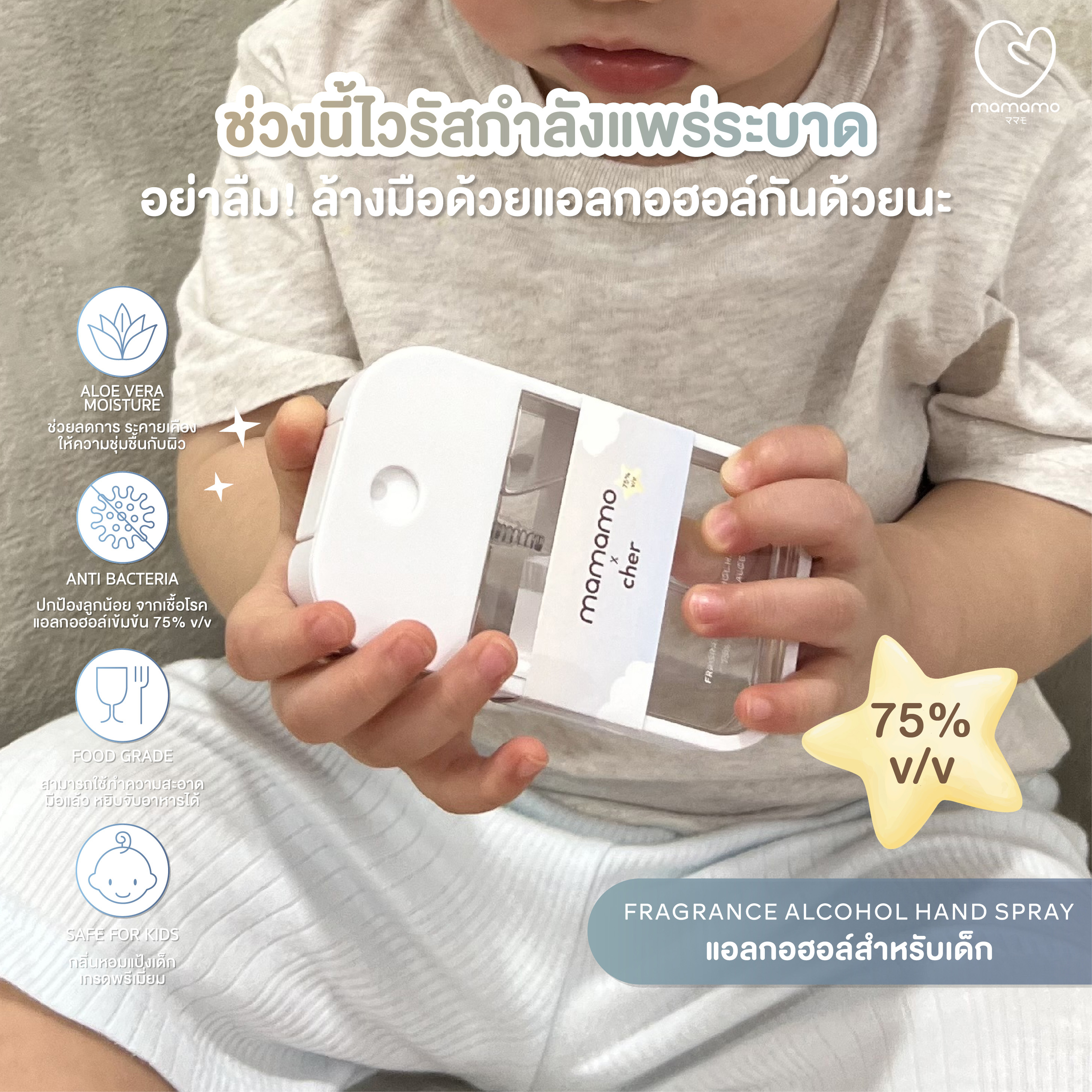 แอลกอฮอล์เด็ก MAMAMO X CHER ขนาด 45 ML. แอลกอฮอล์สำหรับเด็กและทุกคนในครอบครัว อ่อนโยนต่อผิว กลิ่นหอมละมุน พร้อมส่ง_1
