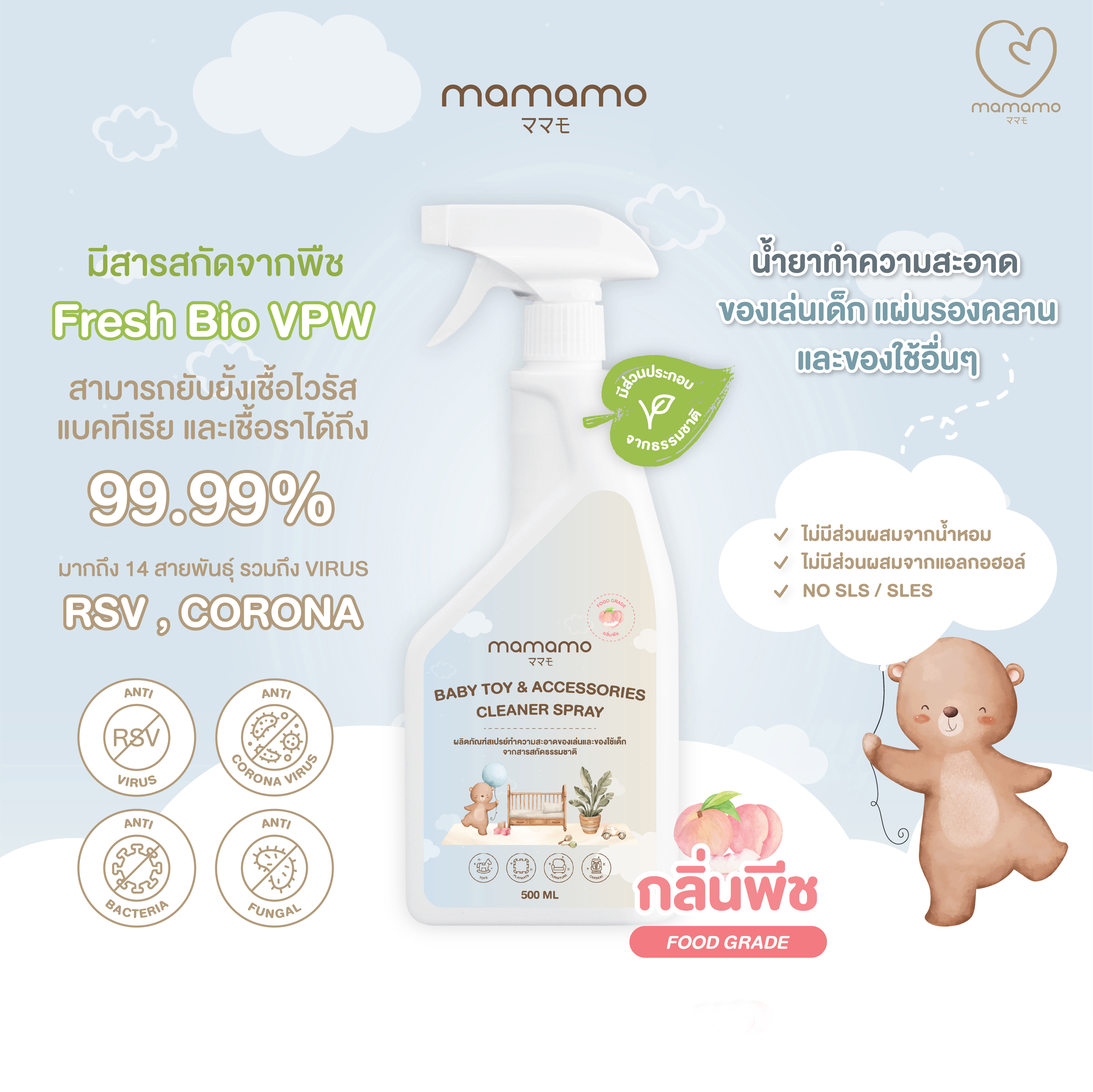 น้ำยาทำความสะอาดของเล่นเด็กและแผ่นรองคลาน MAMAMO สเปรย์ กลิ่นพีช ขนาด 500 ML. พร้อมส่ง_2