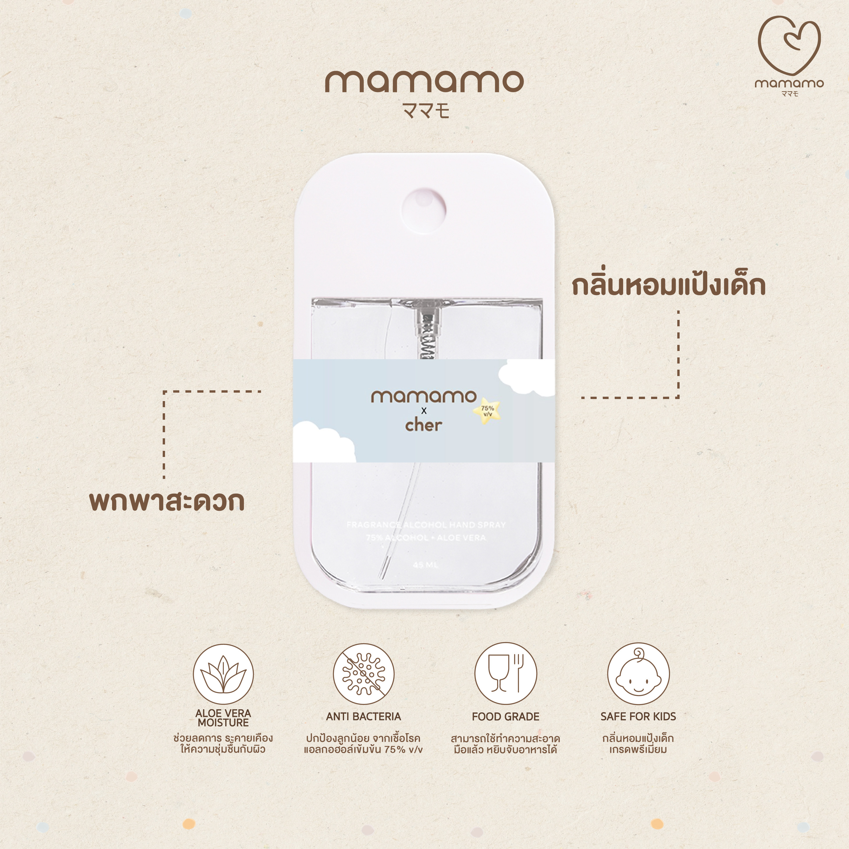 แอลกอฮอล์เด็ก MAMAMO X CHER ขนาด 45 ML. แอลกอฮอล์สำหรับเด็กและทุกคนในครอบครัว อ่อนโยนต่อผิว กลิ่นหอมละมุน พร้อมส่ง_4