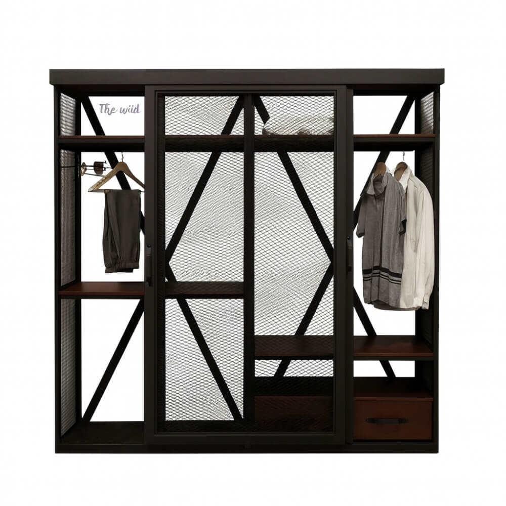 ตู้เสื้อผ้าเหล็กบานเลื่อน THE WILD FURNITURE รุ่น WARROB 200*45*200 ซม. สีไม้ประดู่/ดำ