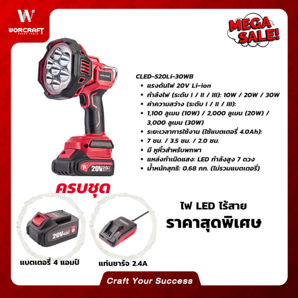 ไฟฉาย LED WORCRAFT รุ่น CLED-S20LI-30WB (พร้อมแบตเตอรี่และแท่นชาร์จ)