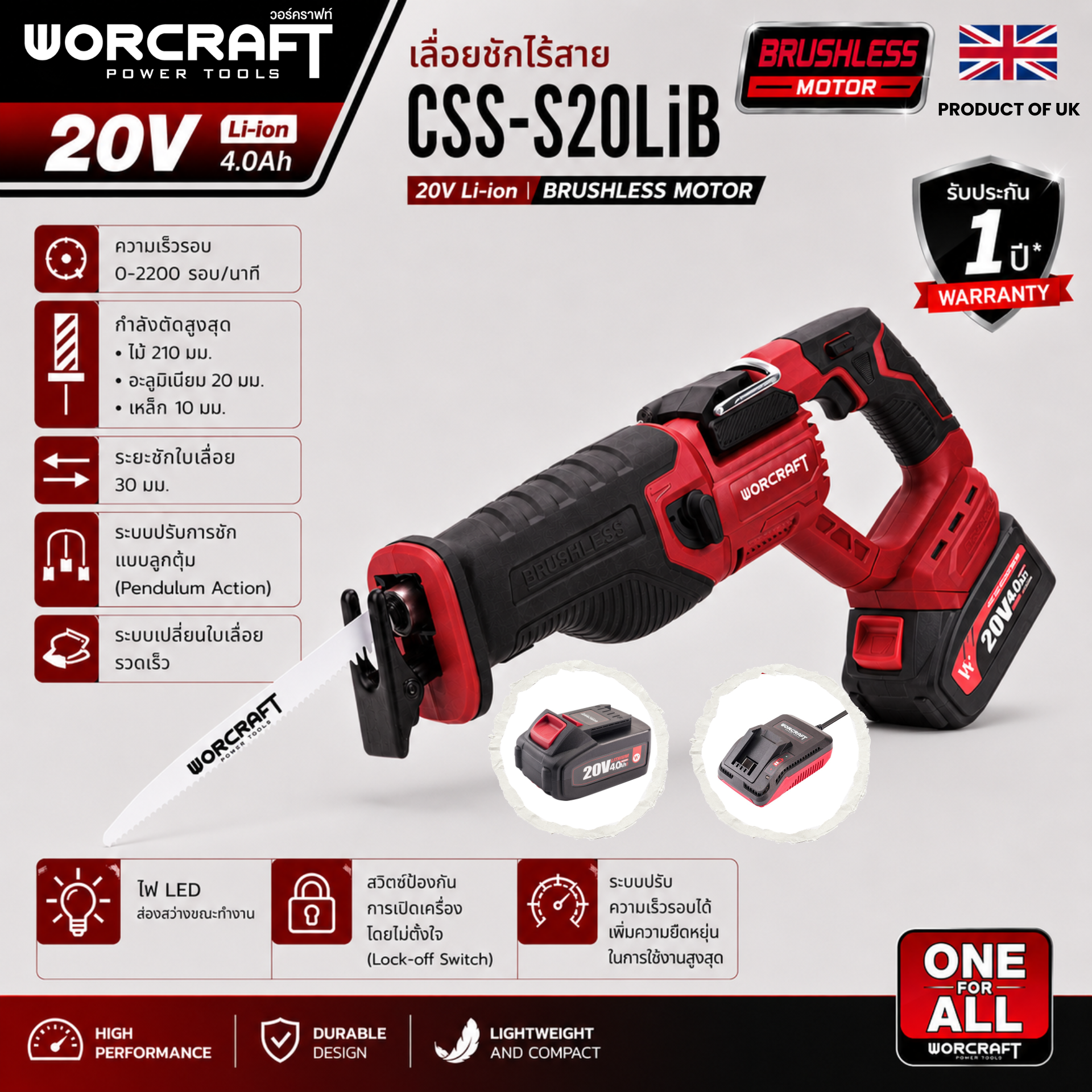 เลื่อยชักไร้สาย WORCRAFT รุ่น CSS-S20LIB (พร้อมแบตเตอรี่และแท่นชาร์จ)