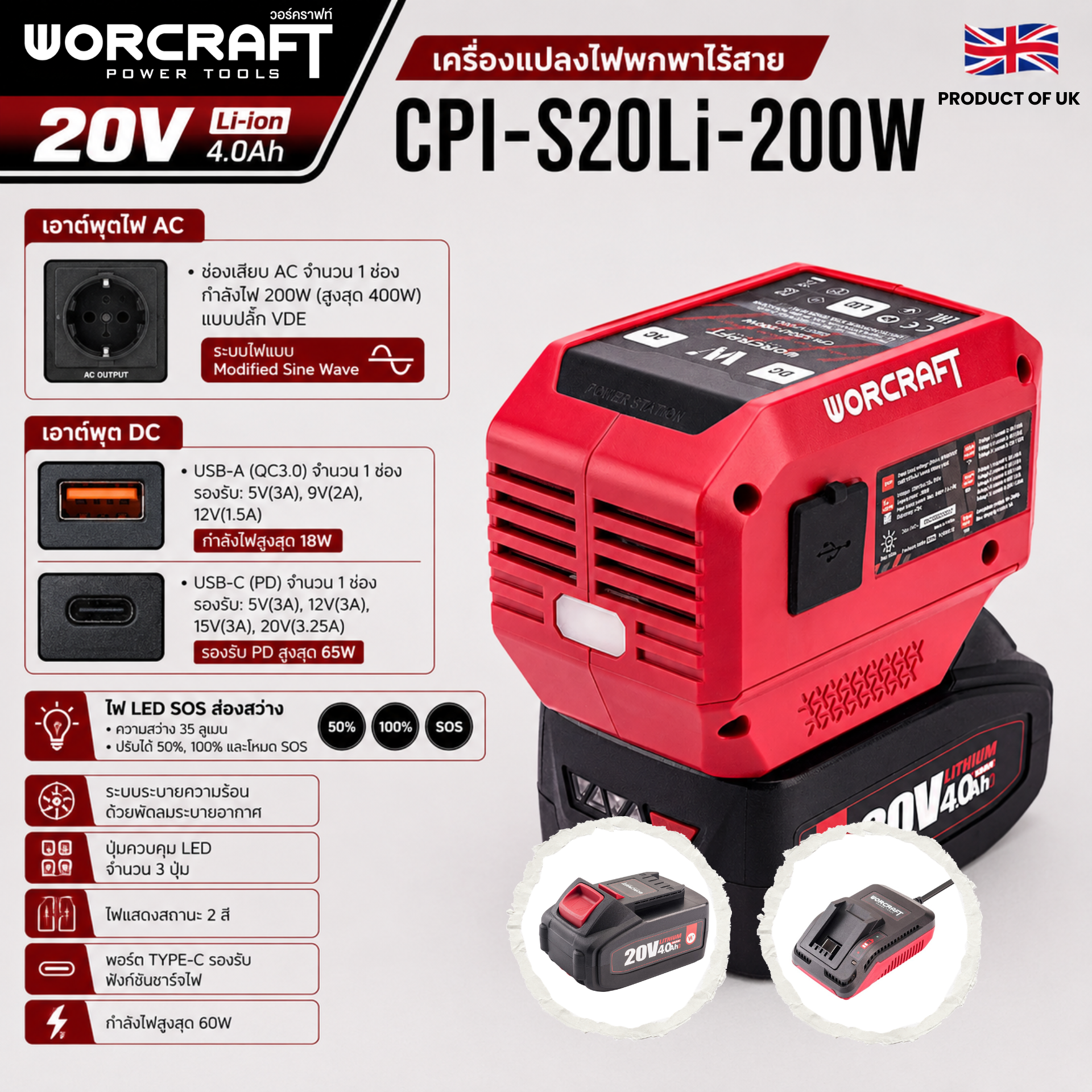 อะแดปเตอร์แปลงไฟไร้สาย WORCRAFT รุ่น CPI-S20LI-200W (พร้อมแบตเตอรี่และแท่นชาร์จ)