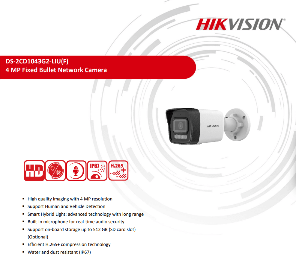 กล้องวงจรปิดระบบ IP HIKVISION รุ่น DS-2CD1043G2-LIU(2.8MM) | ทรงกระบอก ความละเอียด 4MP พร้อมฟังก์ชัน SMART HYBRID LIGHT