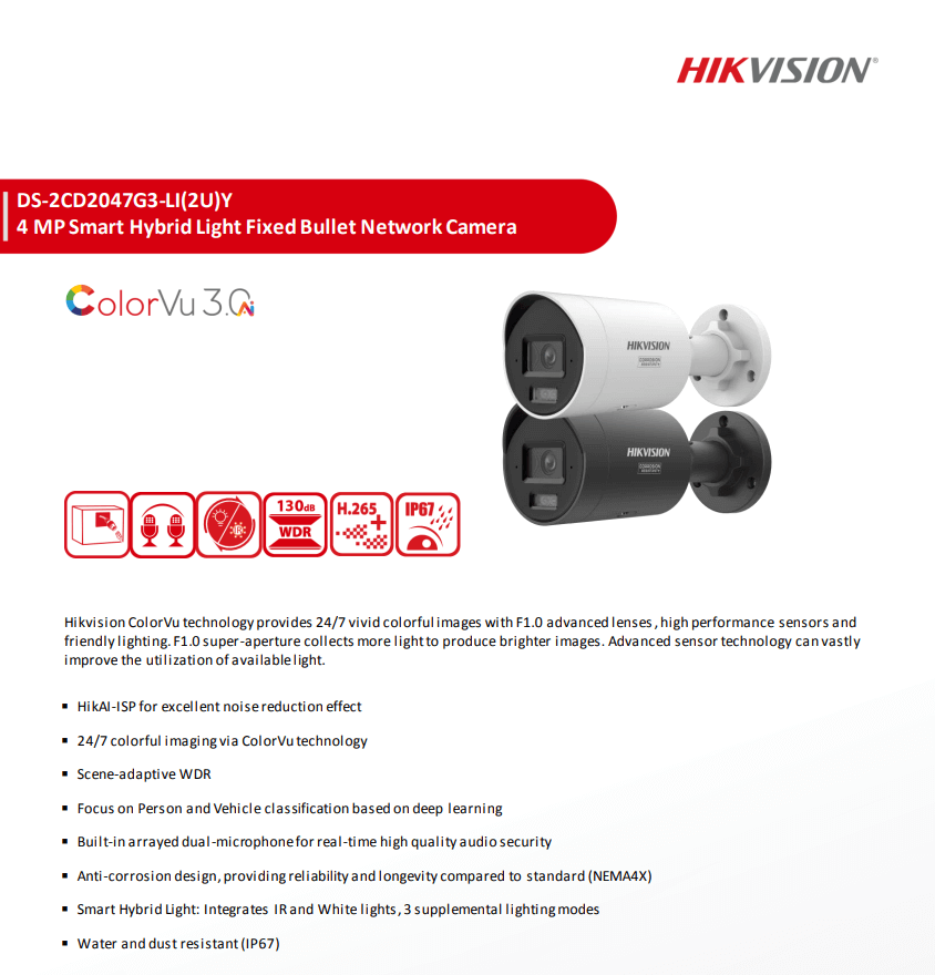 กล้องวงจรปิดระบบ IP HIKVISION รุ่น DS-2CD2047G3-LIY(2.8MM) | ทรงกระบอก ความละเอียด 4MP พร้อมฟังก์ชัน SMART HYBRID LIGHT WITH COLORVU