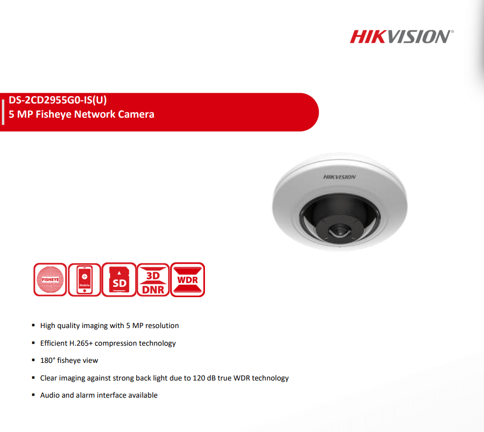 กล้องวงจรปิดระบบ IP HIKVISION รุ่น DS-2CD2955G0-ISU(1.05MM) | มุมมองแบบ FISHEYE ความละเอียด 5MP