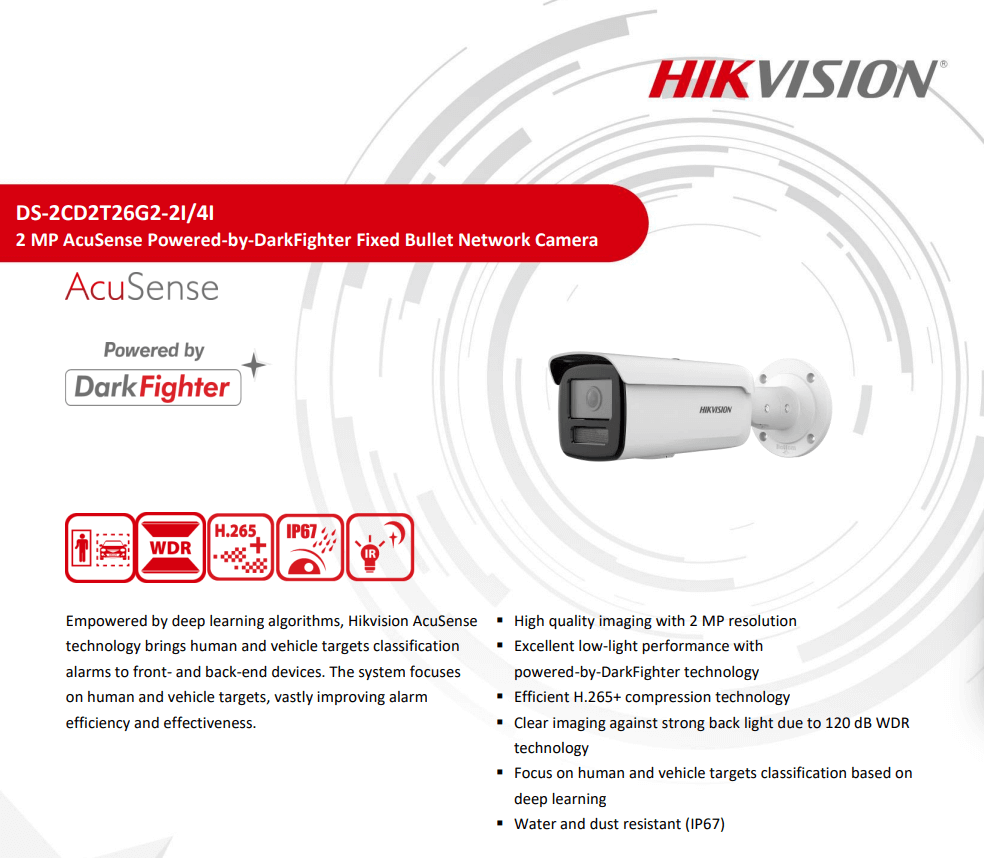 กล้องวงจรปิดระบบ IP HIKVISION รุ่น DS-2CD2T26G2-2I(4MM) | ทรงกระบอก ความละเอียด 2MP พร้อมฟังก์ชัน ACUSENSE, DARKFIGHTER