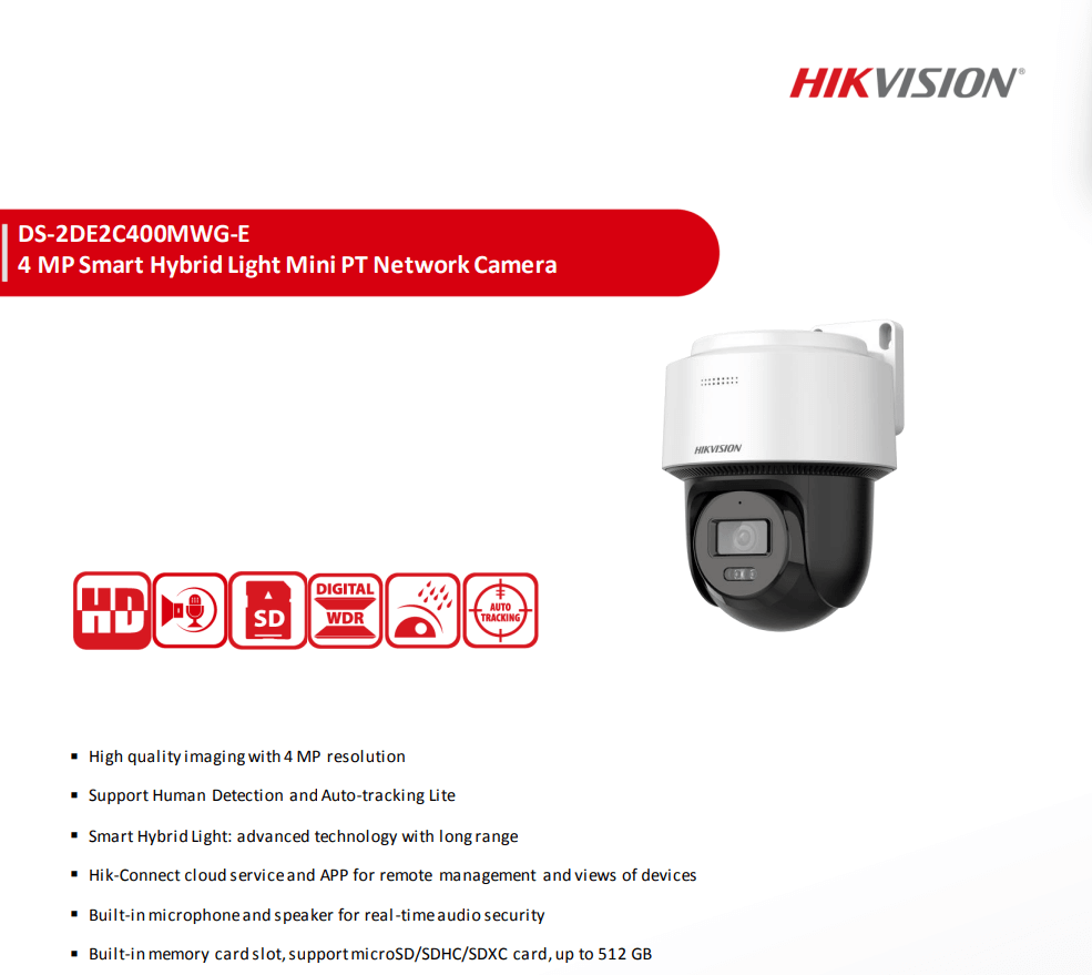 กล้องวงจรปิดระบบ IP HIKVISION รุ่น DS-2DE2C400MWG-E(2.8MM) | กล้องทรงกลมแบบหมุนได้(PT) ใช้งานภายนอก ความละเอียด 4MP  พร้อมฟังก์ชัน SMART HYBRID-LIGHT