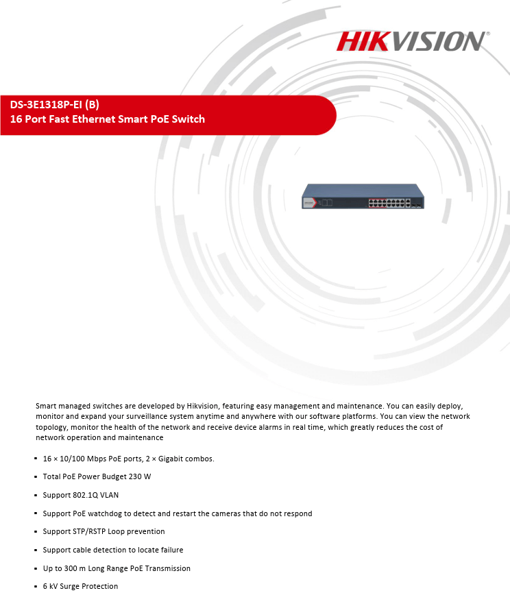 สวิตช์พีโออี HIKVISION รุ่น DS-3E1318P-EI | สวิตช์ POE 16 พอร์ต FAST ETHERNET SMART