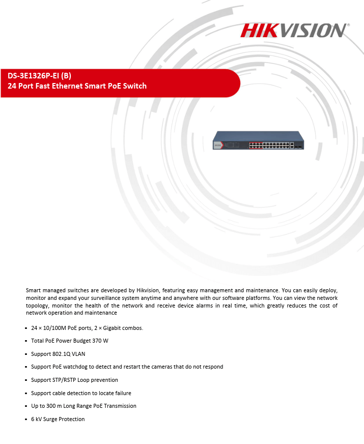 สวิตช์ HIKVISION รุ่น DS-3E1326P-EI | สวิตช์ POE 24 พอร์ต FAST ETHERNET SMART