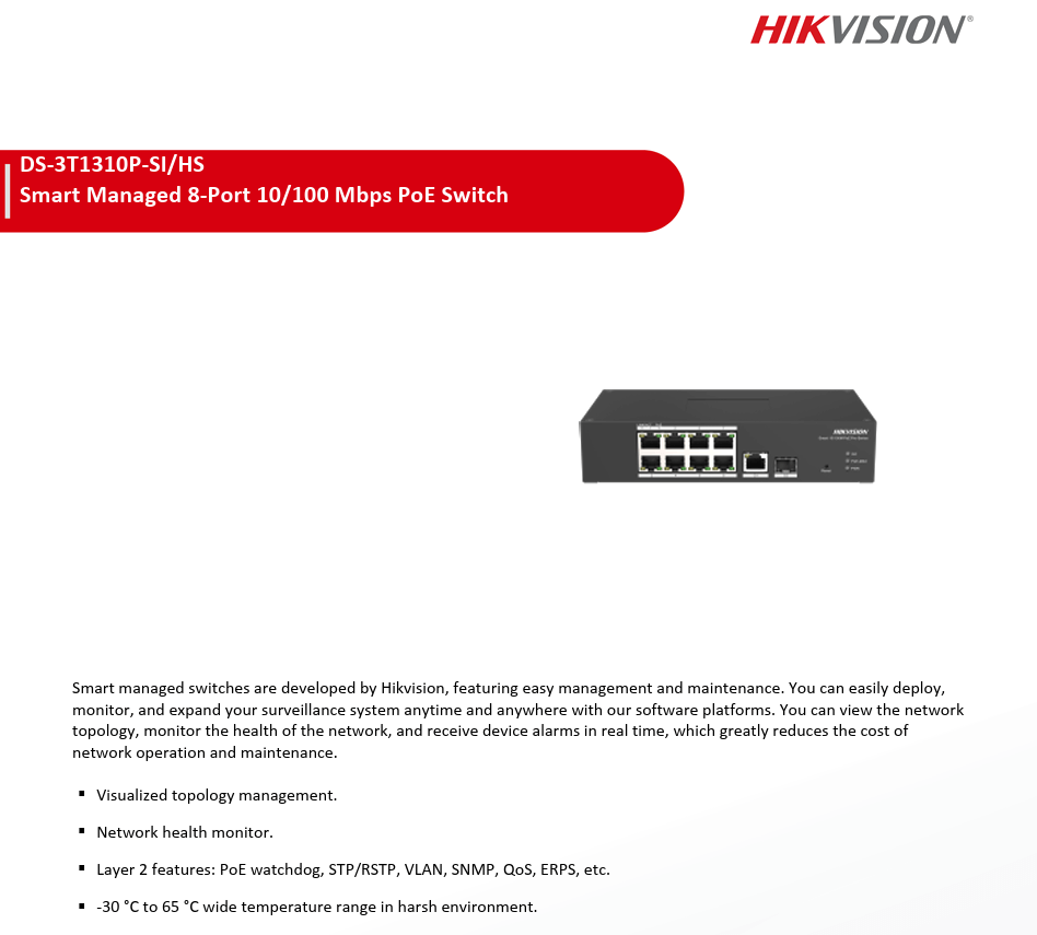 สวิตช์ HIKVISION รุ่น DS-3T1310P-SI/HS | สวิตช์ POE 8 พอร์ต FAST ETHERNET SMART สำหรับงานอุตสาหกรรม_2
