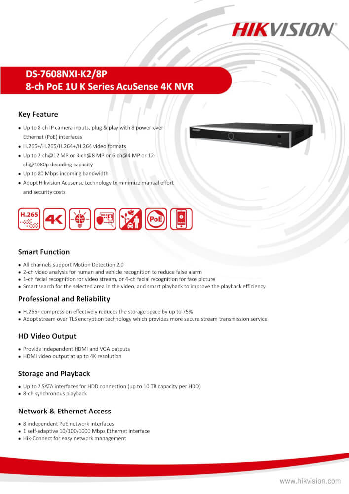 เครื่องบันทึก HIKVISION รุ่น DS-7608NXI-K2/8P รองรับกล้อง 8 ตัว แบบมีรองรับ POE และมี ACUSENSE แยกคน-รถ รองรับความละเอียด 4K_2