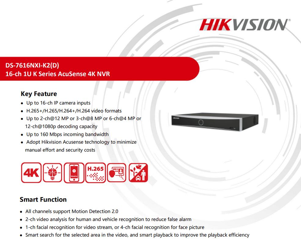 เครื่องบันทึก HIKVISION รุ่น DS-7616NXI-K2(D) รองรับกล้อง 16 ตัว มี ACUSENSE แยกคน-รถ รองรับความละเอียด 4K