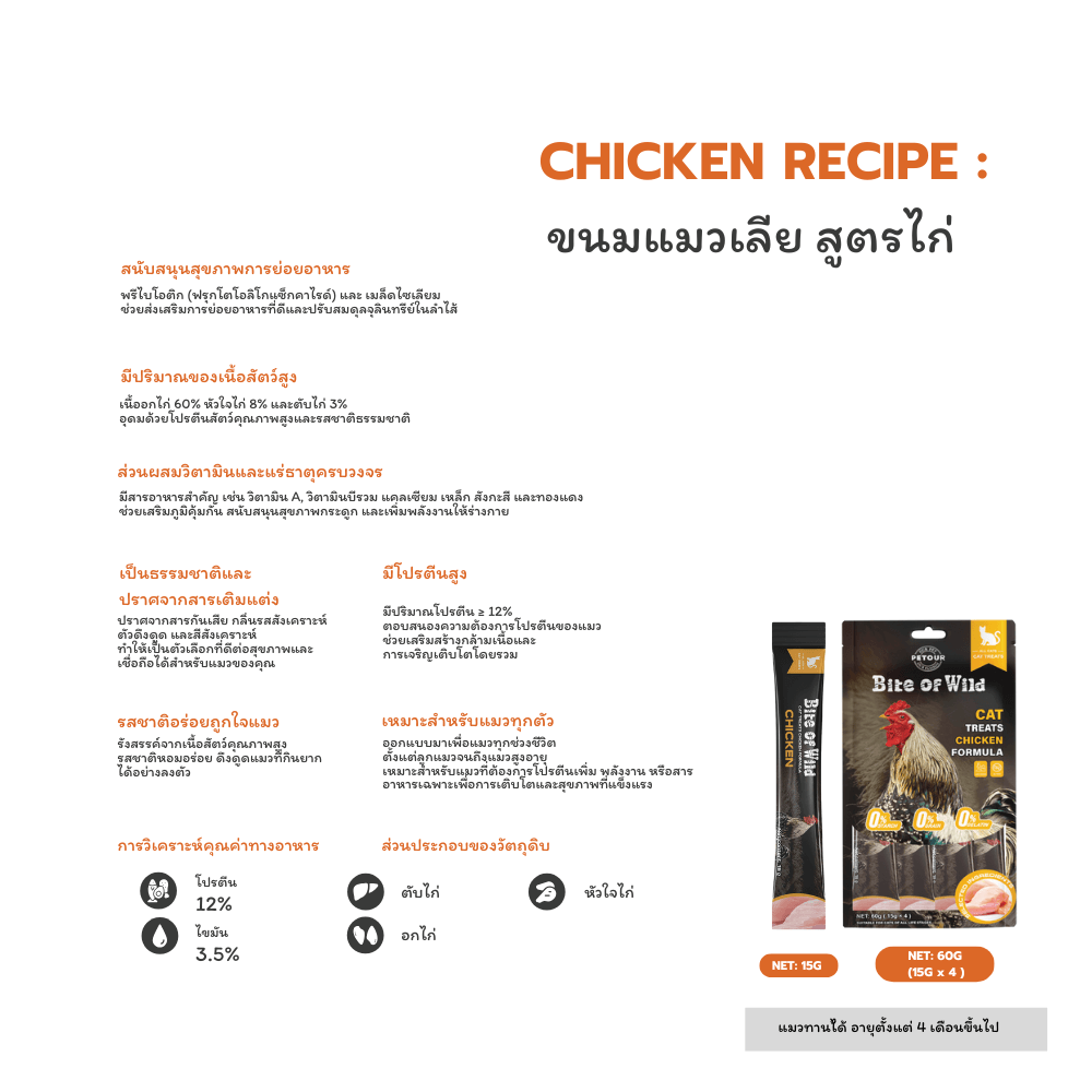 ขนมแมวเลีย BITE OF WILD รสเนื้อไก่ ขนาด 60 กรัม