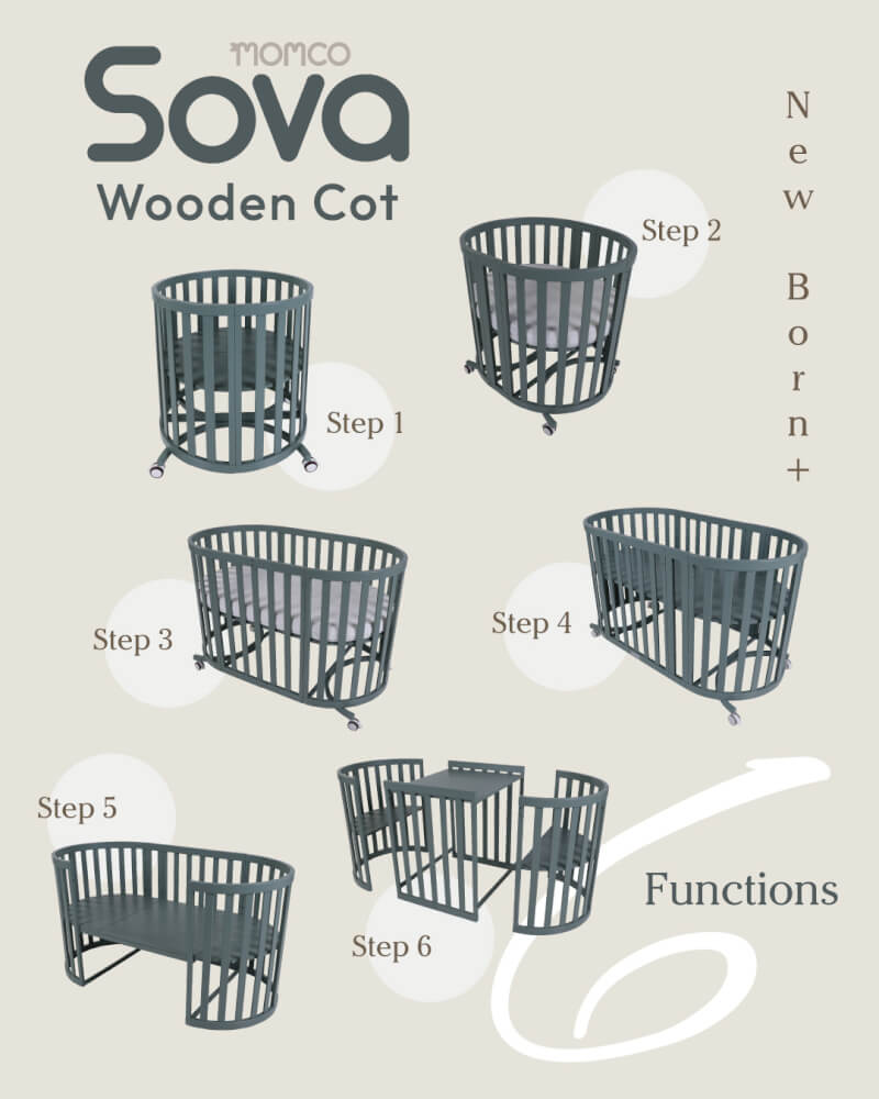 เตียงเด็ก MOMCO SOVA WOODEN COT พร้อมมุ้ง ปรับขนาดได้ 6 รูปแบบ สีไม้ธรรมชาติ