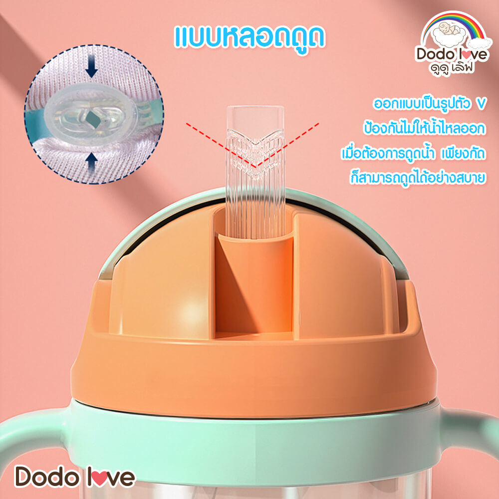 แก้วน้ำซิลิโคนมีหูจับ DODOLOVE พร้อมหลอดดูด สีฟ้า
