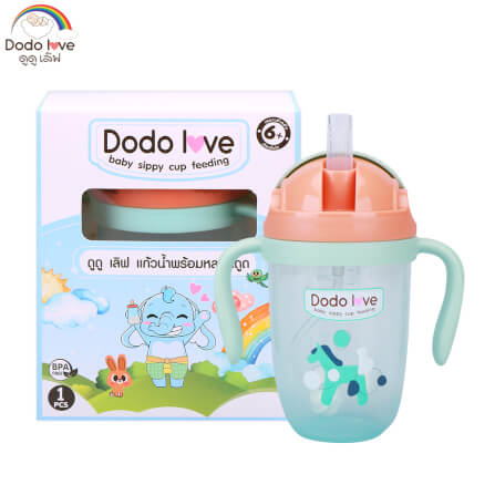 แก้วน้ำซิลิโคนมีหูจับ DODOLOVE พร้อมหลอดดูด สีฟ้า_0