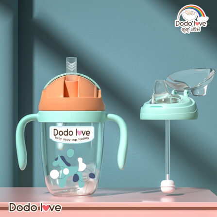 แก้วน้ำซิลิโคนมีหูจับ DODOLOVE พร้อมหลอดดูด สีฟ้า_3