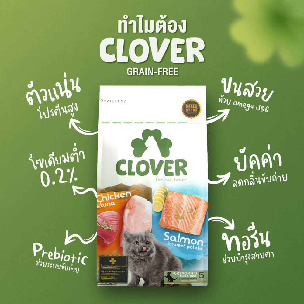อาหารแมว CLOVER สูตร MIX BY YOU รสไก่กับทูน่า และแซลมอน เกรด HOLISTIC GRAIN-FREE โซเดียมต่ำ (400 G)