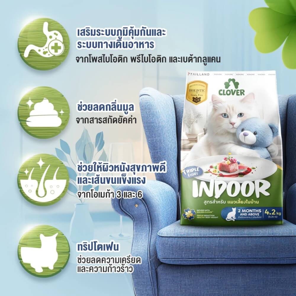 อาหารแมว CLOVER สูตร INDOOR สำหรับแมวเลี้ยงในบ้าน เกรด HOLISTIC GRAIN-FREE โซเดียมต่ำ (1 KG)_2