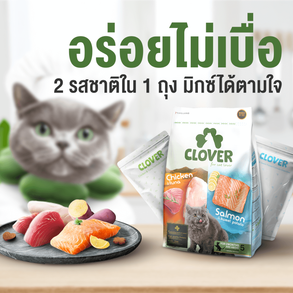อาหารแมว CLOVER สูตร MIX BY YOU รสไก่กับทูน่า และแซลมอน เกรด HOLISTIC GRAIN-FREE โซเดียมต่ำ (400 G)