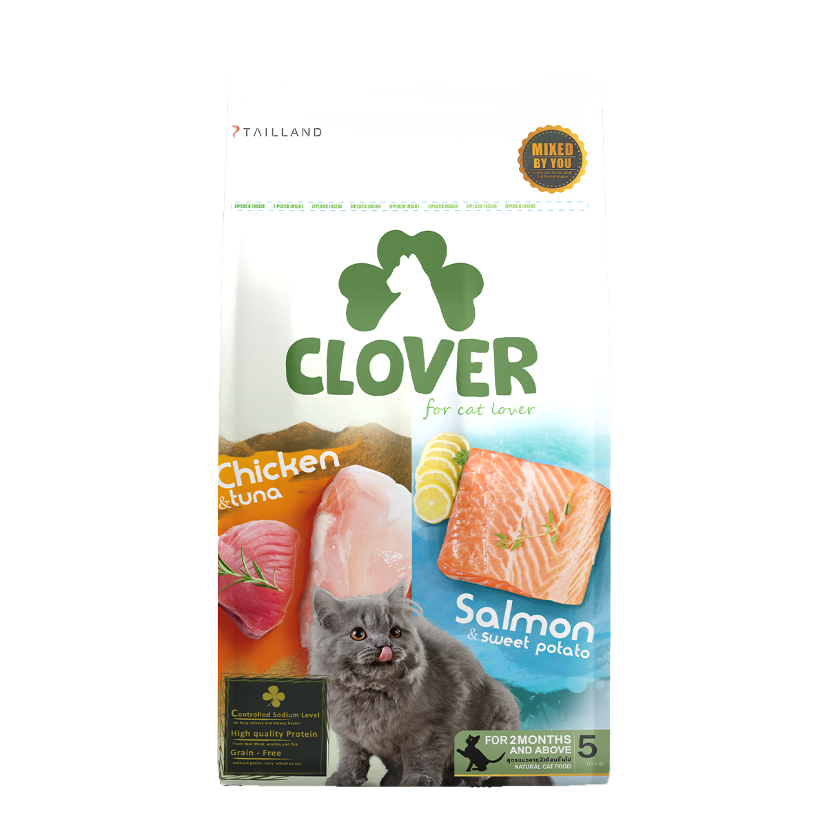 อาหารแมว CLOVER สูตร MIX BY YOU รสไก่กับทูน่า และแซลมอน เกรด HOLISTIC GRAIN-FREE โซเดียมต่ำ (5 KG)_0