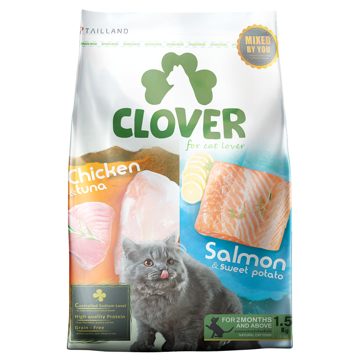 อาหารแมว CLOVER สูตร MIX BY YOU รสไก่กับทูน่า และแซลมอน เกรด HOLISTIC GRAIN-FREE โซเดียมต่ำ (1.5 KG)_0