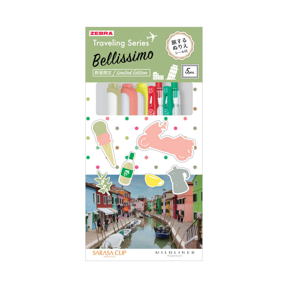 ชุดปากกาเจลและปากกาไฮไลท์ ZEBRA ธีม TRAVEL ITALY แพ็ค 5 ด้าม