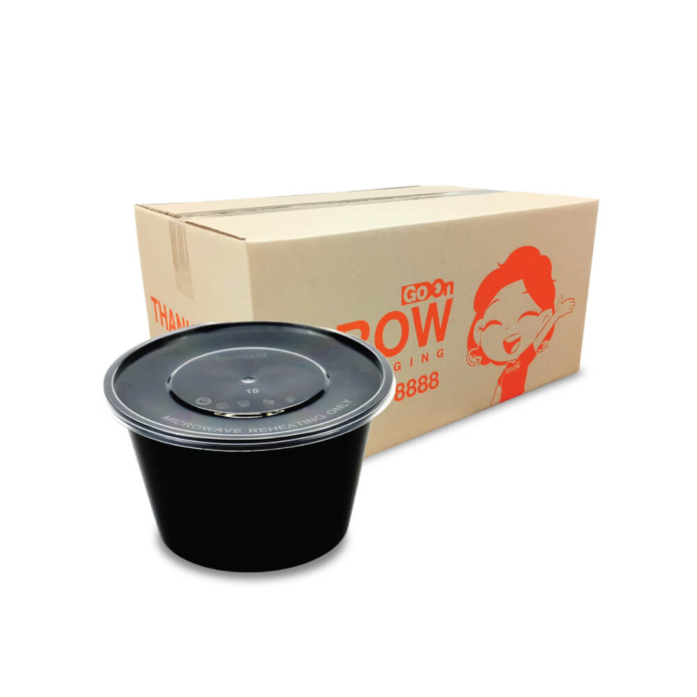 กล่องพลาสติกใส่อาหาร ทรงกลม GROW PACK 750 มล. ขนาด 11.8X7X6 CM. สีดำ (300ชุด/ลัง)