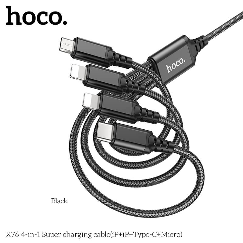 สายชาร์จ 4 หัว HOCO X76 4IN1 สำหรับ IOS (X2) + MICRO + TYPE-C (X2) ยาว 1 เมตร จ่ายไฟเต็ม 2A สีดำ