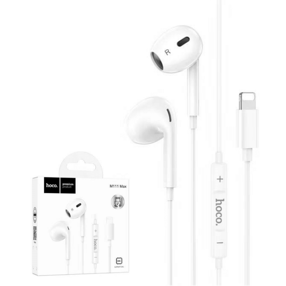 หูฟังอินเอียร์ HOCO M111 MAX สายไลท์นิ่ง สำหรับ IPHONE รุ่น 6-14 ไมค์ในตัว สีขาว