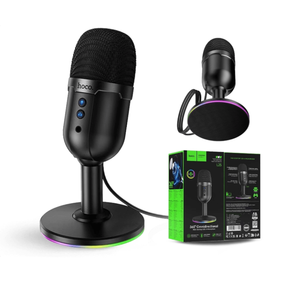 ไมโครโฟนตั้งโต๊ะ HOCO L25 จับเสียงรอบทิศ 360° ต่อสาย USB-A พร้อมไฟ RGB_8