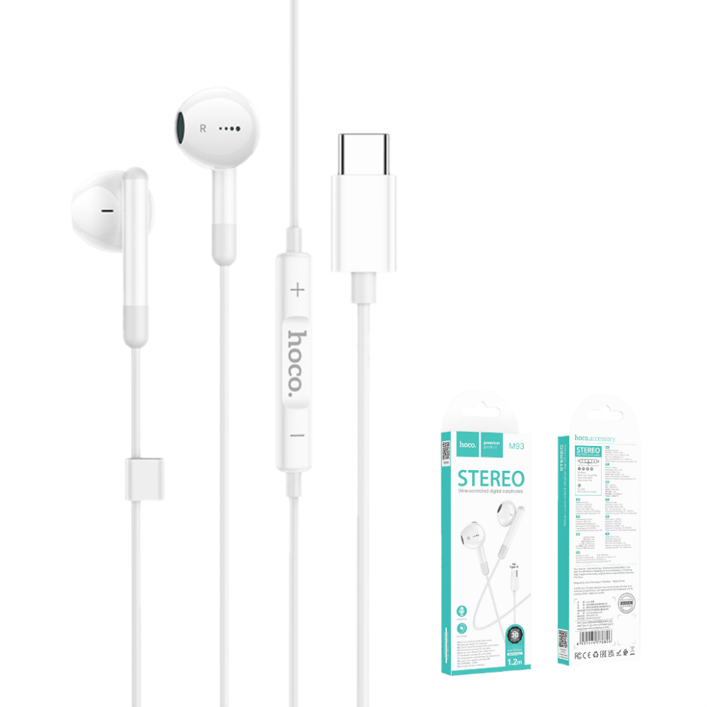 หูฟัง HOCO M93 สาย USB-C สีขาว ไมโครโฟนในตัว พร้อมปุ่มคอนโทรล