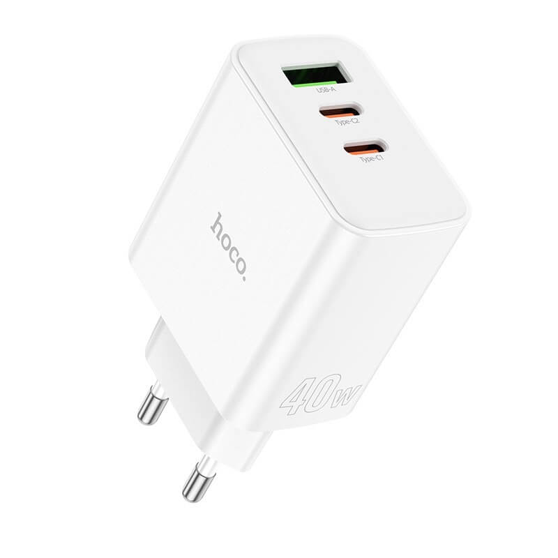 หัวชาร์จเร็ว 3 พอร์ต HOCO DC98T PD 40W + QC 3.0 (TYPE-C X2 + USBX1) สีขาว