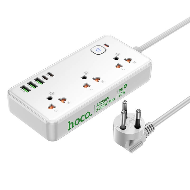 รางปลั๊กไฟ 8IN1 HOCO DC100 3 ช่อง 2 USB 3 TYPE-C 1 สวิตช์ 2300W สายยาว 2M สีขาว