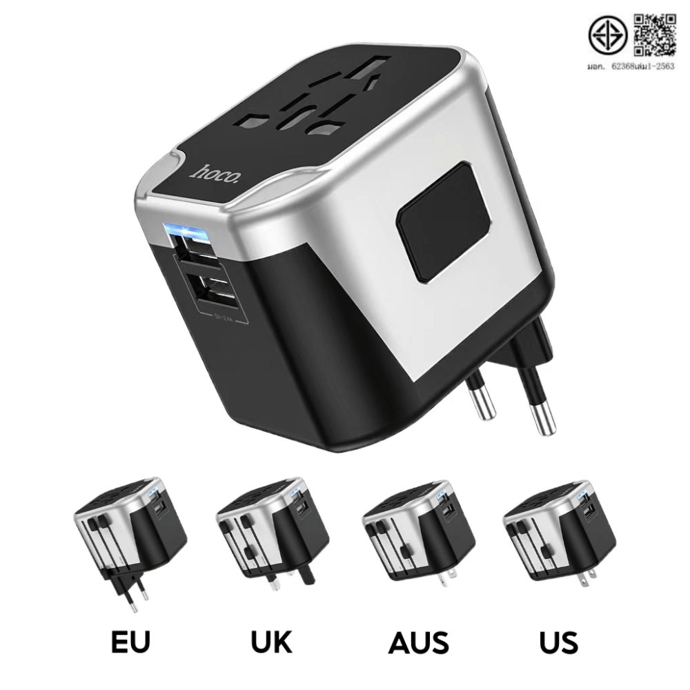 ปลั๊กแปลง 3 IN 1 UNIVERSAL HOCO AC5 2USB + 1AC รองรับโซน EU/UK/US/AUS