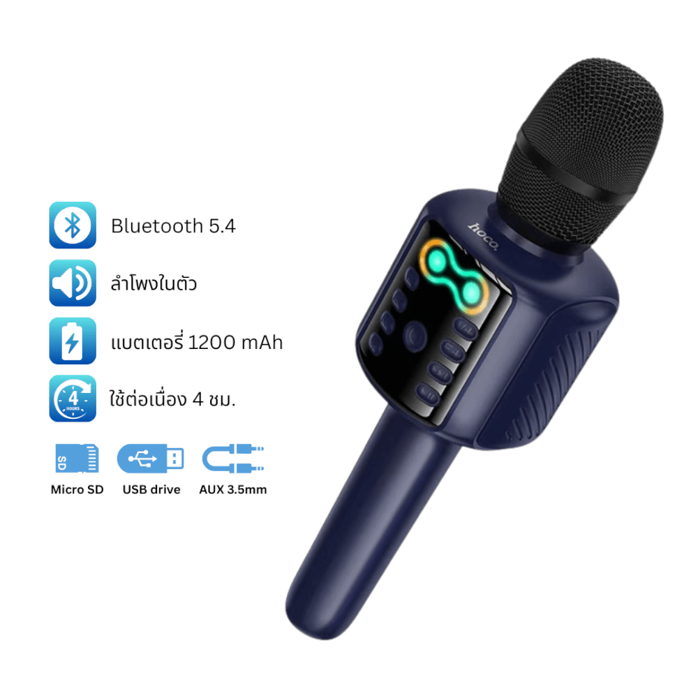 ไมโครโฟนคาราโอเกะ HOCO L24 สีน้ำเงิน พร้อมลำโพงในตัว บลูทูธ 5.4, ไฟ RGB, เล่นไฟล์ผ่าน USB/TF/AUX_8